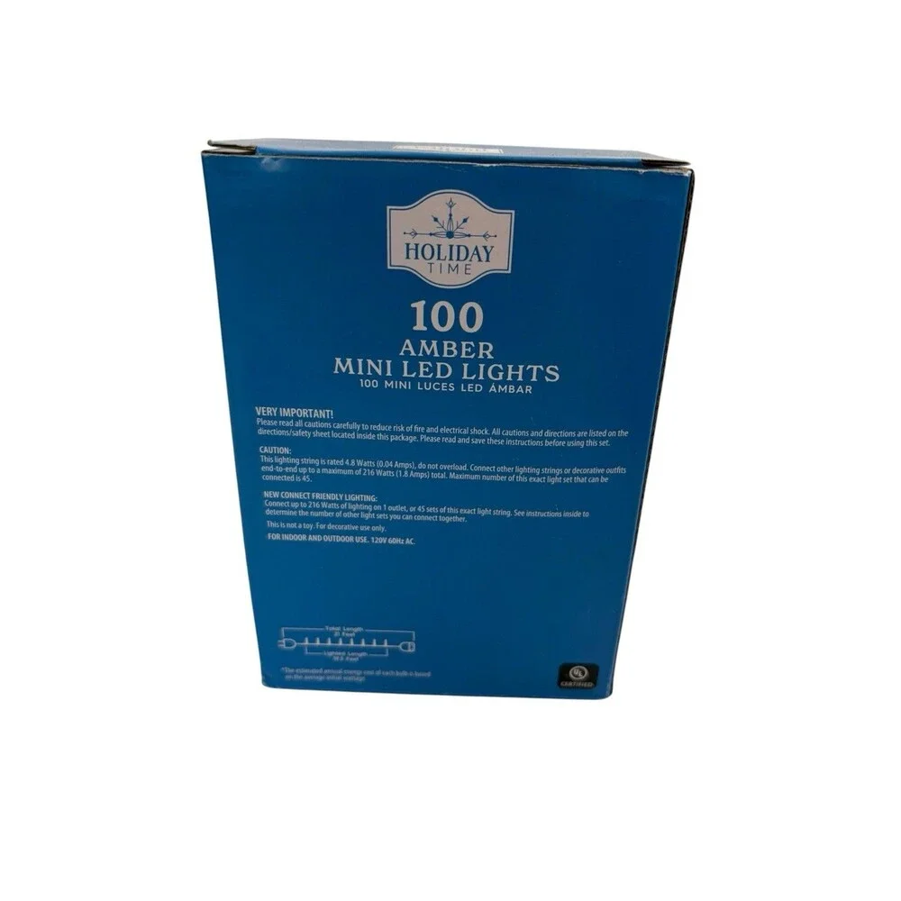 Holiday Time 100 Count Amber LED Mini Christmas Lights, with White Wire, 21 feet